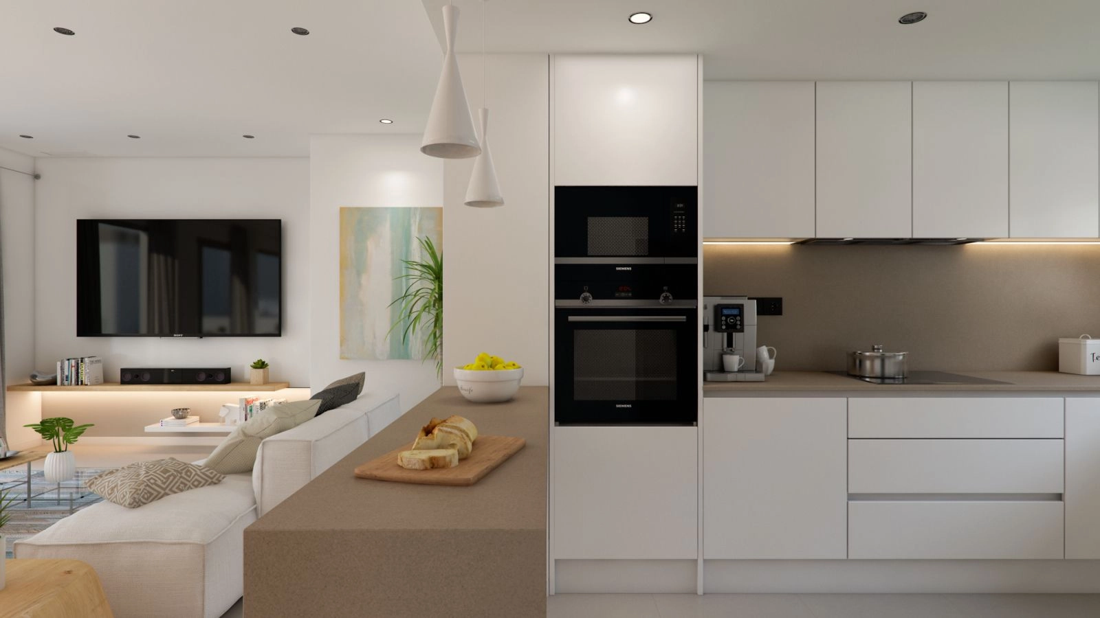 Een strakke, moderne keuken volledig uitgerust met hoogwaardige apparatuur voor een superieure culinaire ervaring.