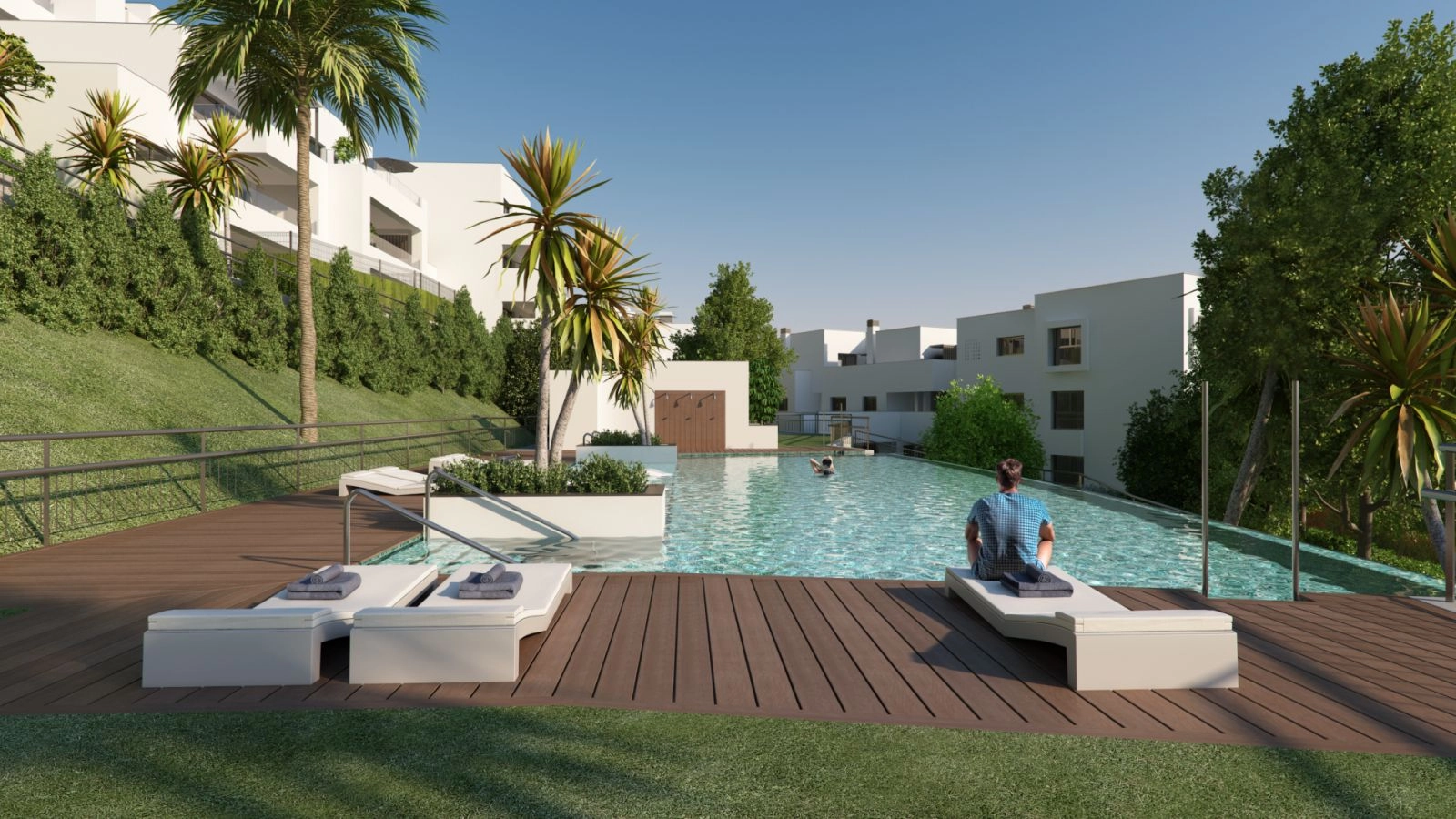 De gemeenschappelijke ruimtes in resortstijl bieden een perfecte ontsnapping om te ontspannen onder de warme Mediterrane zon.
