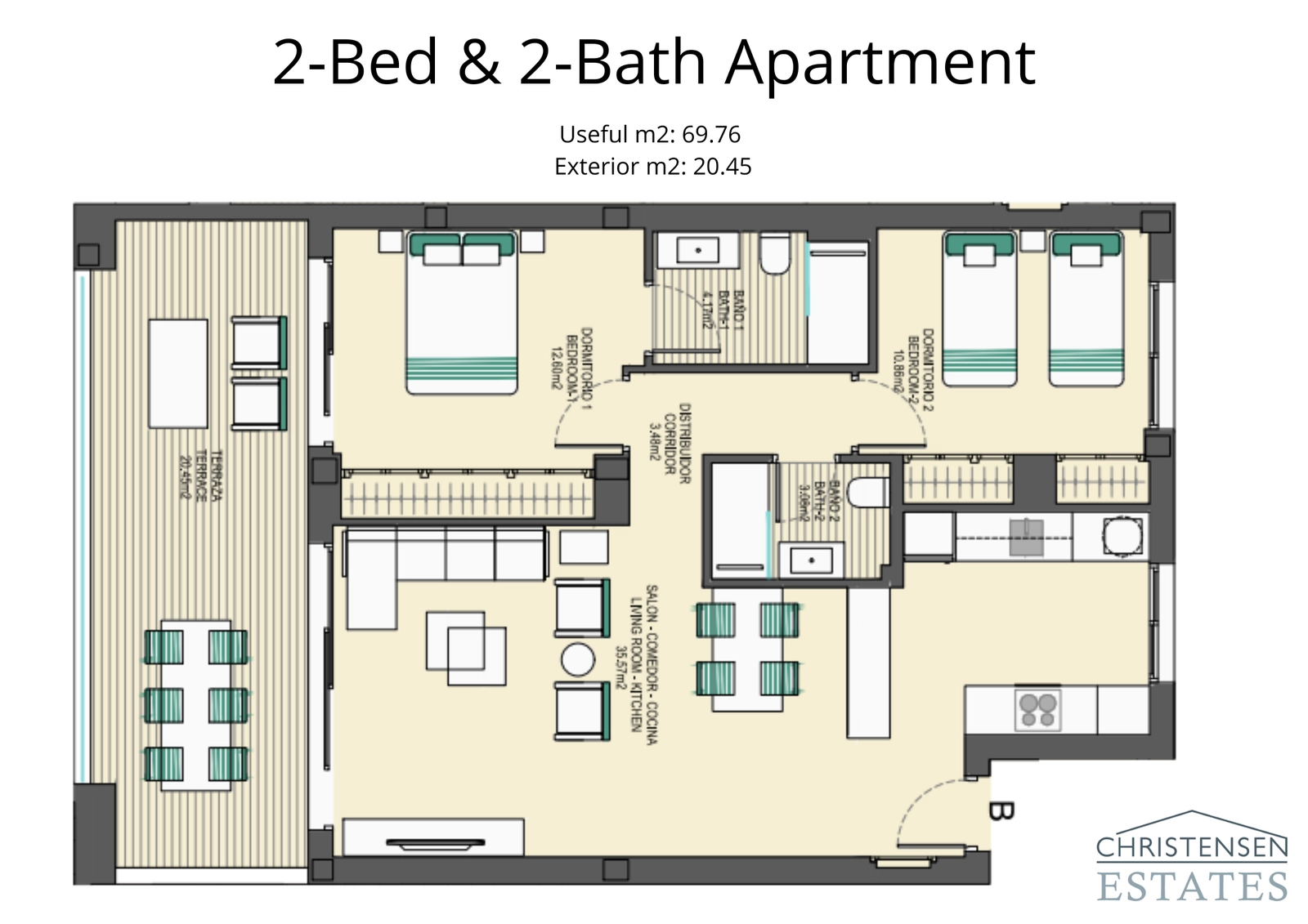 Deze indeling met twee slaapkamers biedt een functioneel ontwerp met een ruim terras, perfect voor stellen of kleine gezinnen die comfort en stijl zoeken.