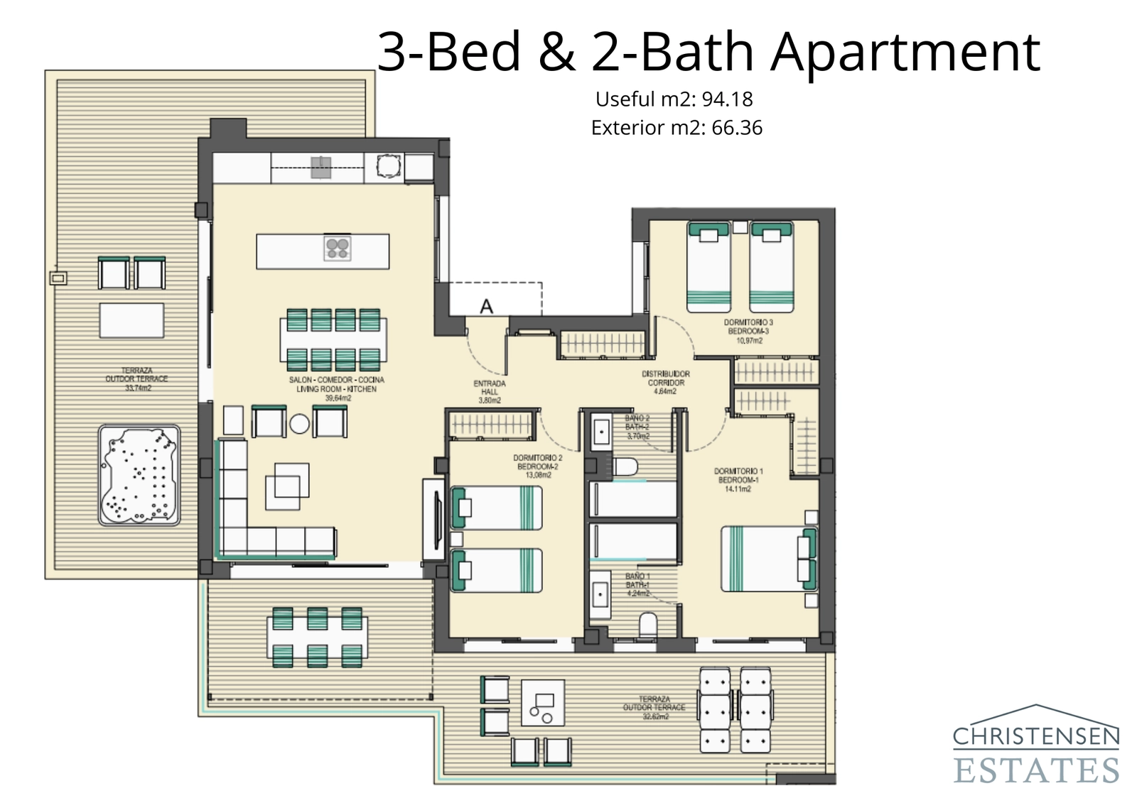 Een royaal bemeten woning met drie slaapkamers en een uitgestrekt 'wrap-around' terras, ideaal voor naadloos binnen-buitenleven en entertainment.