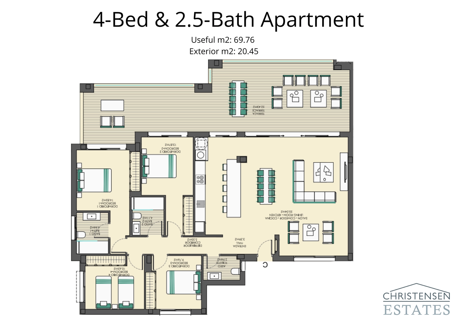 Een ruim appartement met vier slaapkamers, ontworpen voor grotere gezinnen, met veel leefruimte en een groot terras om van het uitzicht te genieten.
