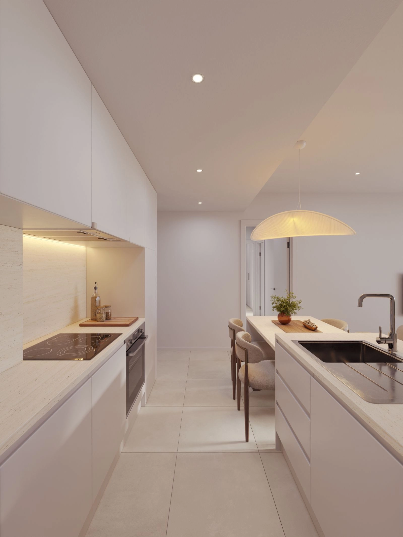 Een moderne, volledig uitgeruste keuken met strakke lijnen en hoogwaardige afwerkingen.