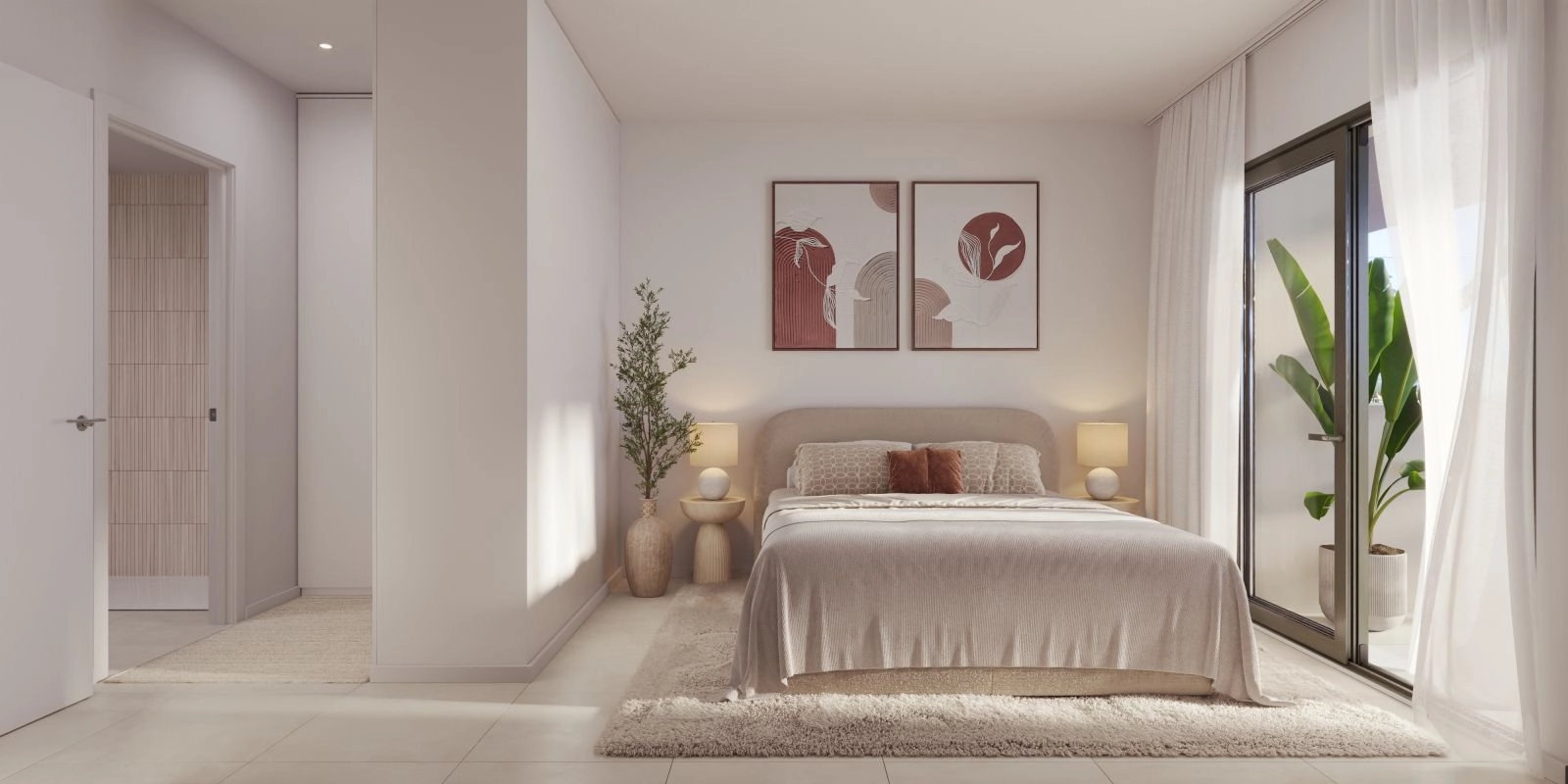 De hoofdslaapkamer is een rustig toevluchtsoord, gevuld met natuurlijk licht en met directe toegang tot het terras.