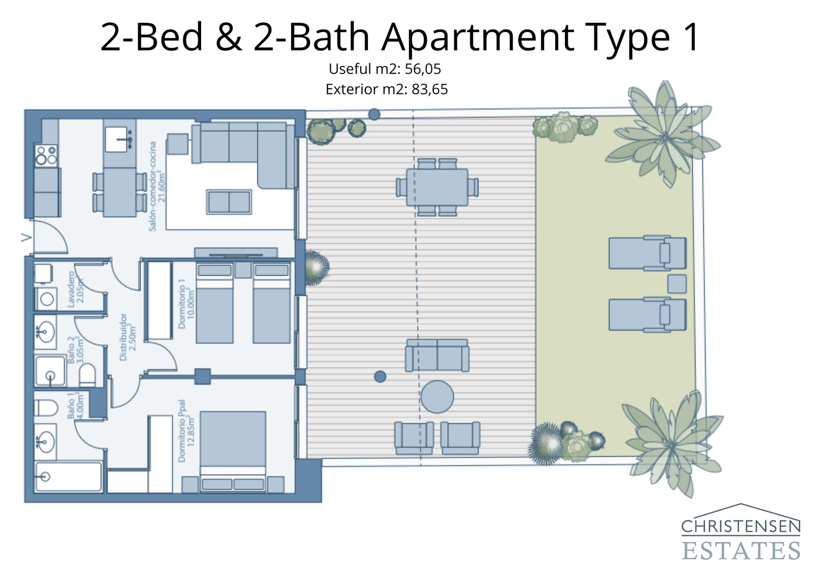 Plattegrond voor een appartement met twee slaapkamers, met een ruim terras dat de woonruimte naar buiten uitbreidt.