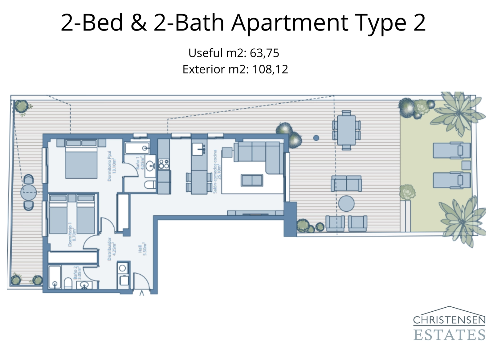 Een goed ontworpen indeling met twee slaapkamers, die slim ruimtegebruik en een zeer groot terras voor buitenleven toont.