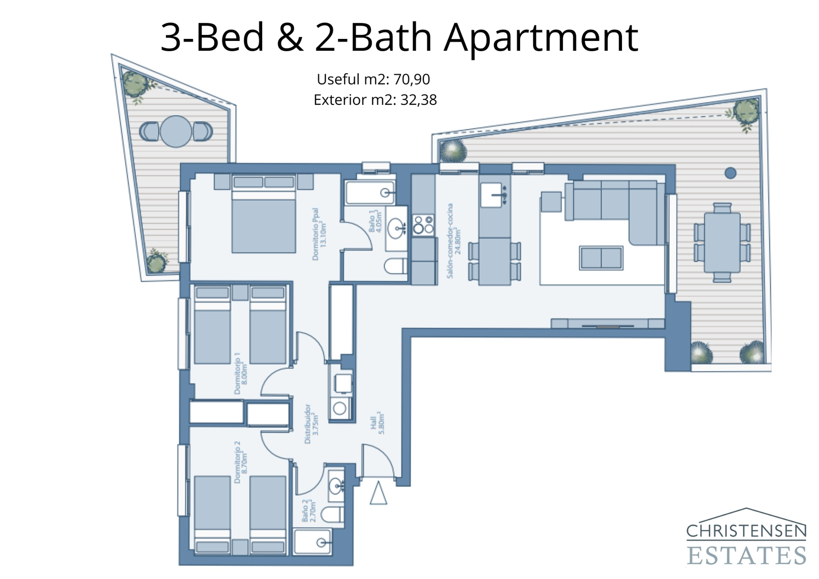 Deze indeling van een appartement met drie slaapkamers biedt royale kamergroottes en een vloeiend ontwerp, perfect voor het gezinsleven.