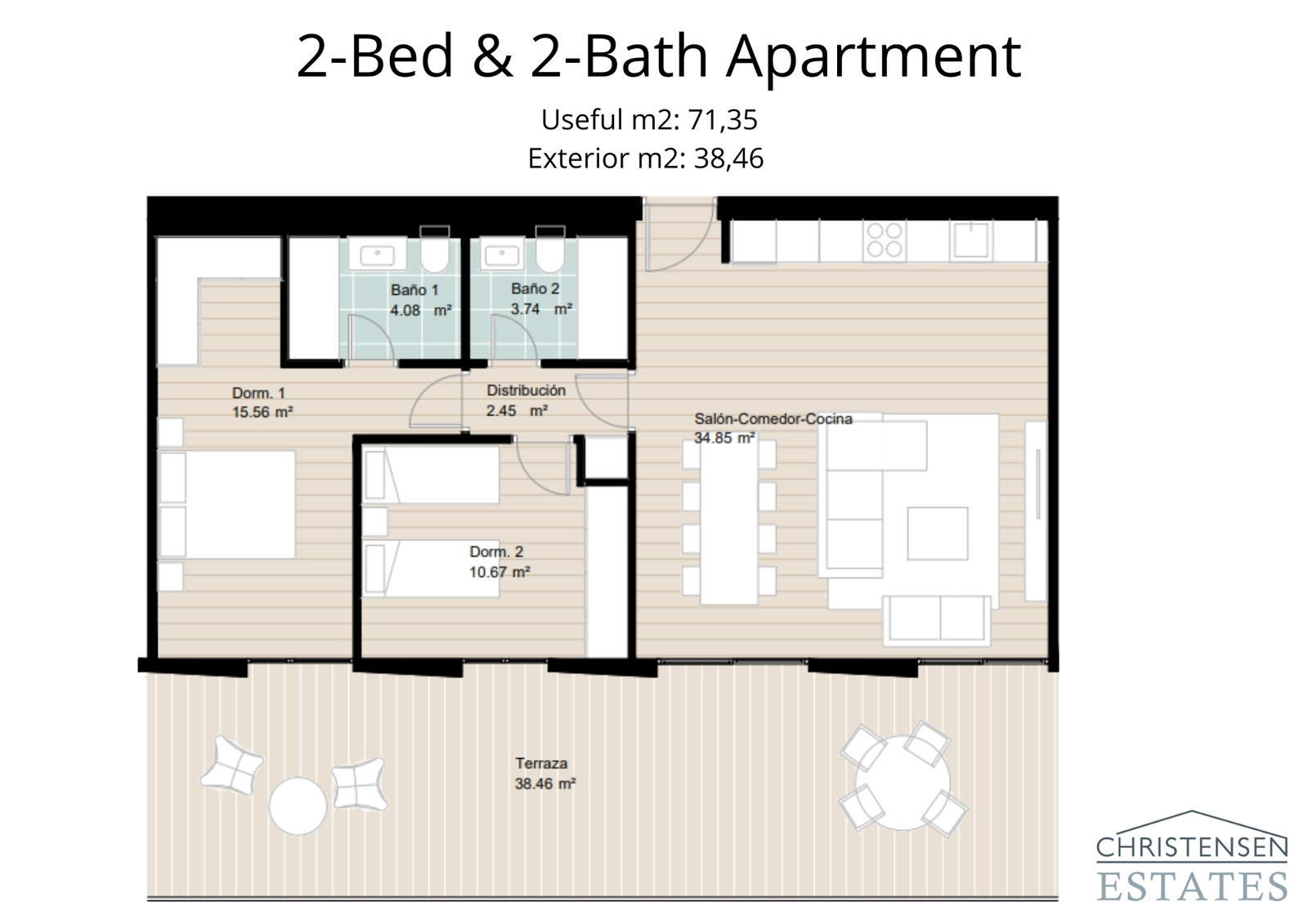 Een praktisch ontwerp met twee slaapkamers en een ruim terras, perfect voor gezinnen of gasten, met naadloos binnen-buitenleven.