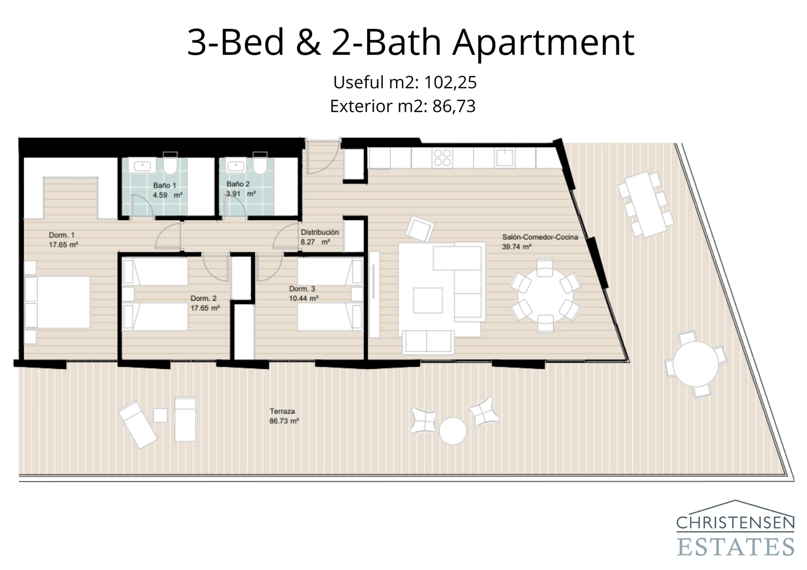 Ruime residentie met drie slaapkamers en een groot terras, dat voldoende ruimte biedt voor buiten dineren en ontspanning terwijl u geniet van het uitzicht op zee.