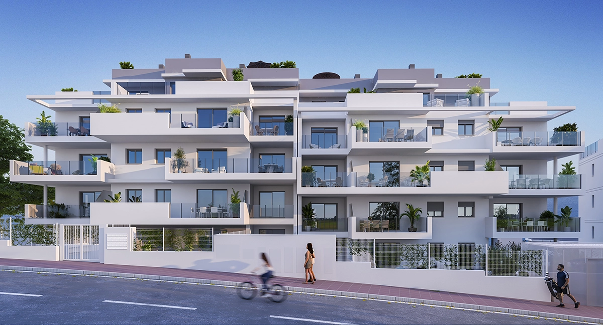 Het moderne architectonische ontwerp van het gebouw, met strakke lijnen en ruime terrassen.