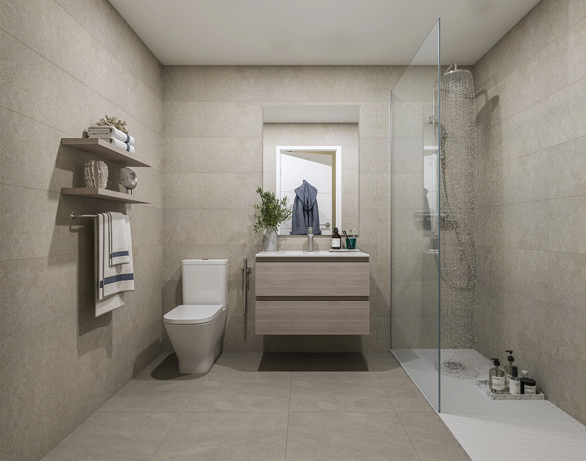 Een stijlvolle en eigentijdse badkamer met hoogwaardig sanitair en een ruime inloopdouche.