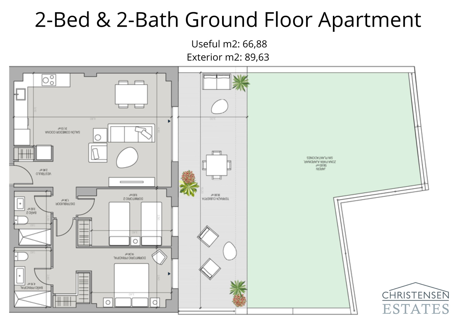 Deze indeling op de begane grond met twee slaapkamers beschikt over een ruime privétuin, die de woonkamer naadloos naar buiten uitbreidt voor perfect binnen-buitenleven.