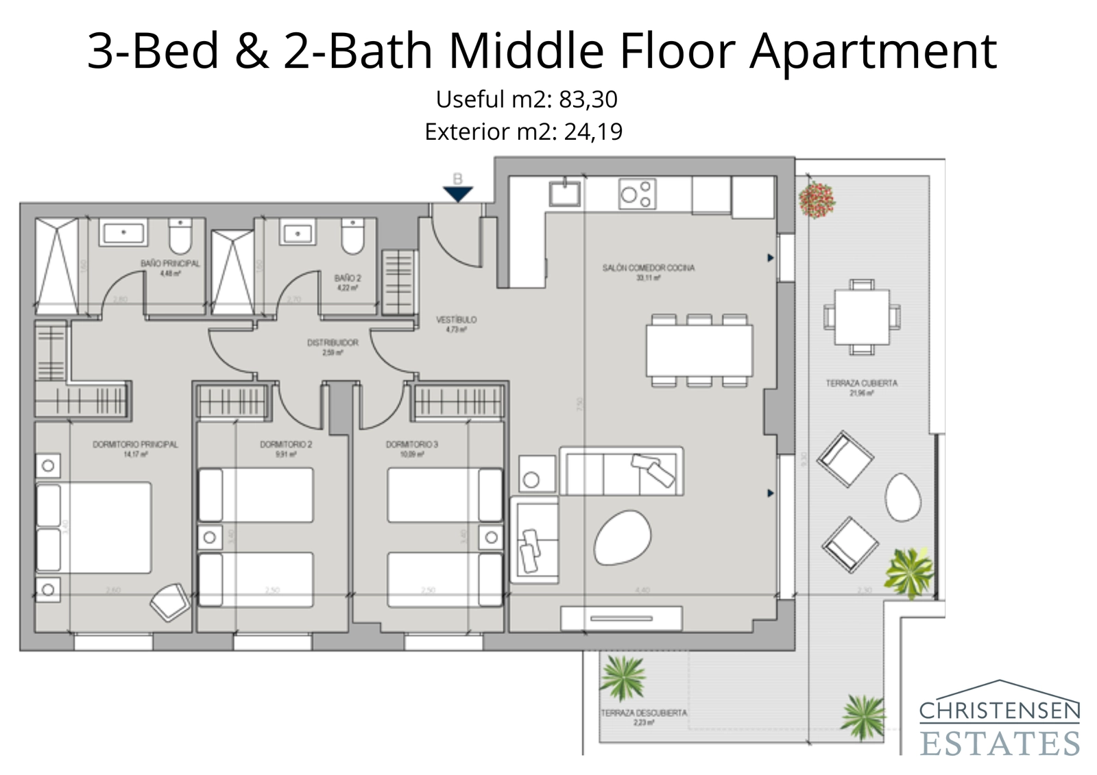 Een goed ontworpen appartementplan met drie slaapkamers, met een royaal overdekt terras en een duidelijke scheiding tussen woon- en slaapgedeelte voor meer comfort.