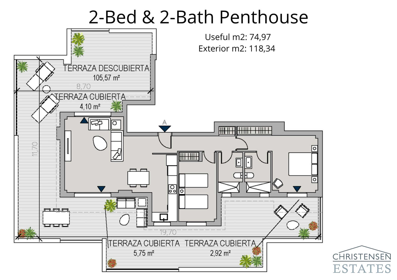 De indeling van dit penthouse met twee slaapkamers onthult een uitgestrekt terras rondom, met meerdere zones om te zonnen, te dineren en te genieten van het panoramische uitzicht.