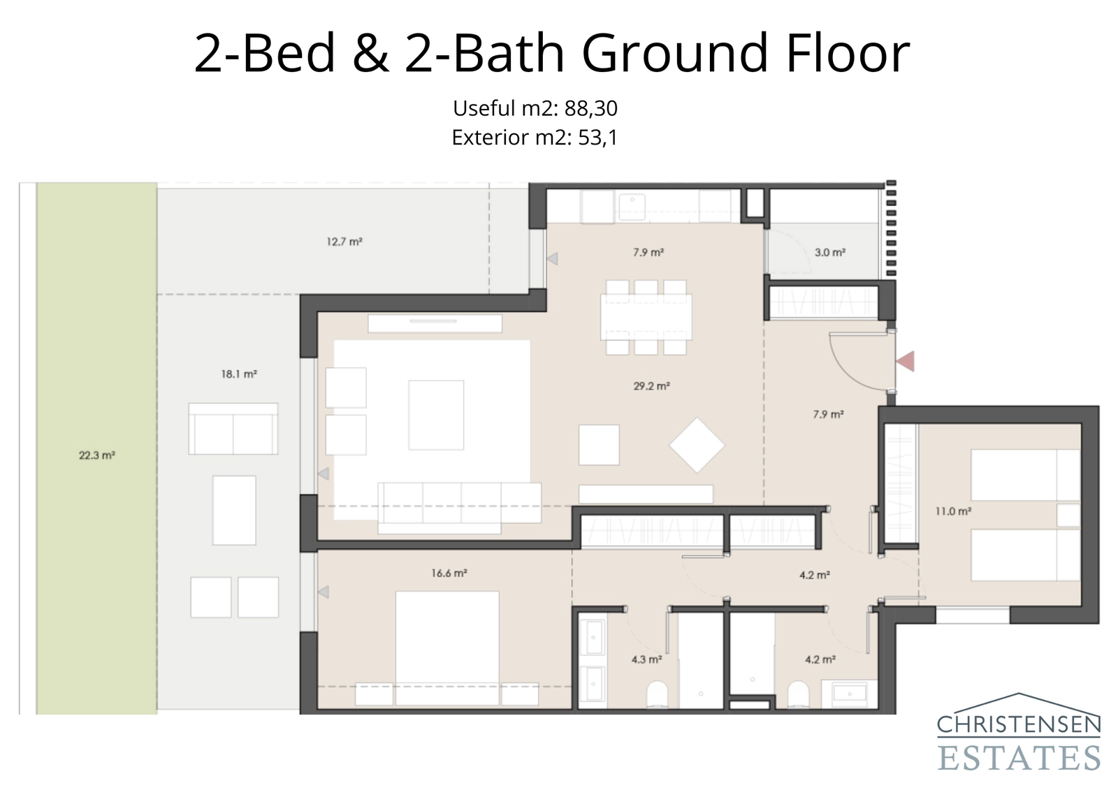 Deze indeling op de begane grond met twee slaapkamers beschikt over een ruime privétuin, wat een naadloze binnen-buitenwoonervaring creëert.