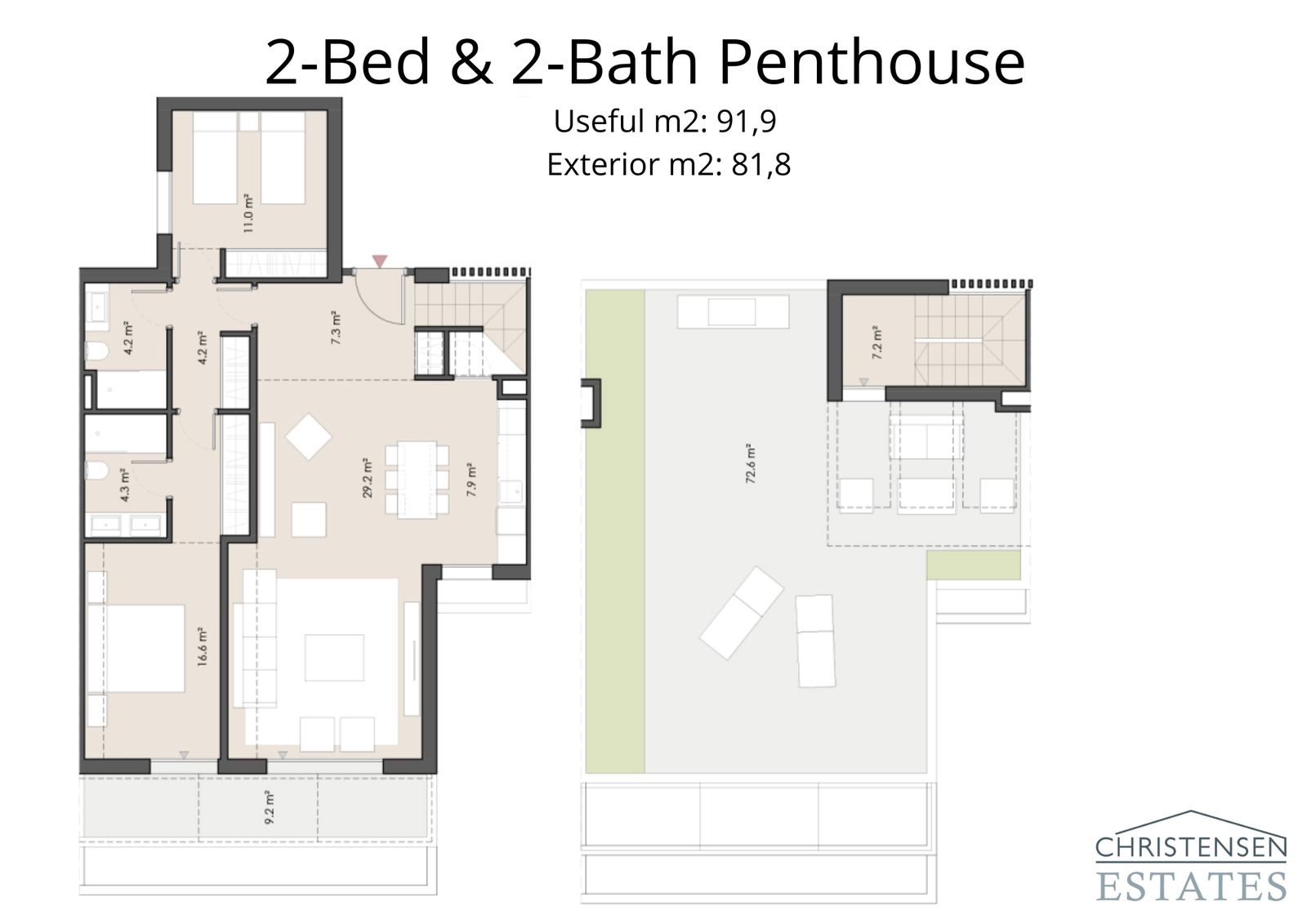 Ontdek het penthouse met twee slaapkamers, met een royaal dakterras dat privacy en uitzonderlijk uitzicht biedt, perfect om gasten te ontvangen.