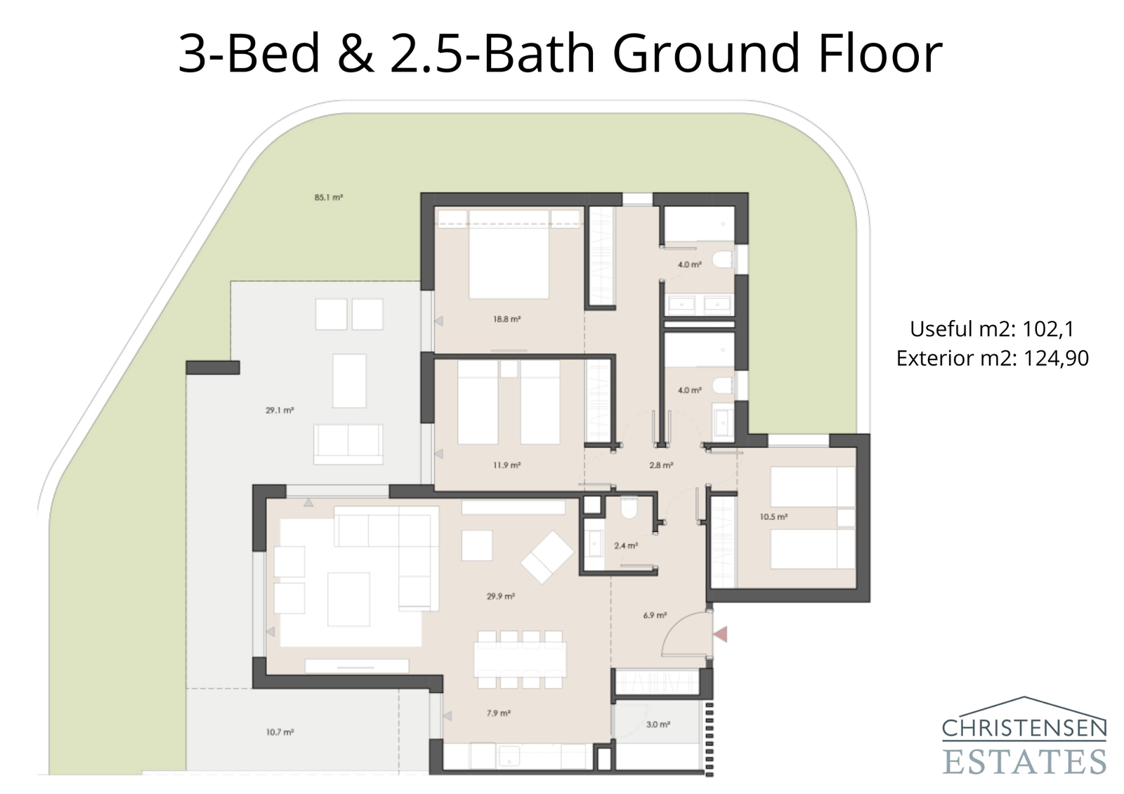 Een woning op de begane grond met drie slaapkamers die ruime woonoppervlakken biedt, verbonden met een groot terras en privétuin.