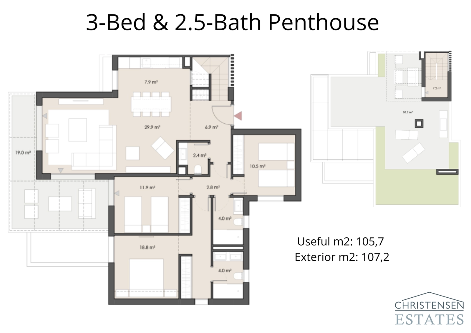 Het penthouse met drie slaapkamers biedt een superieure woonervaring met zijn enorme solarium op het dak en panoramisch uitzicht op de kust.