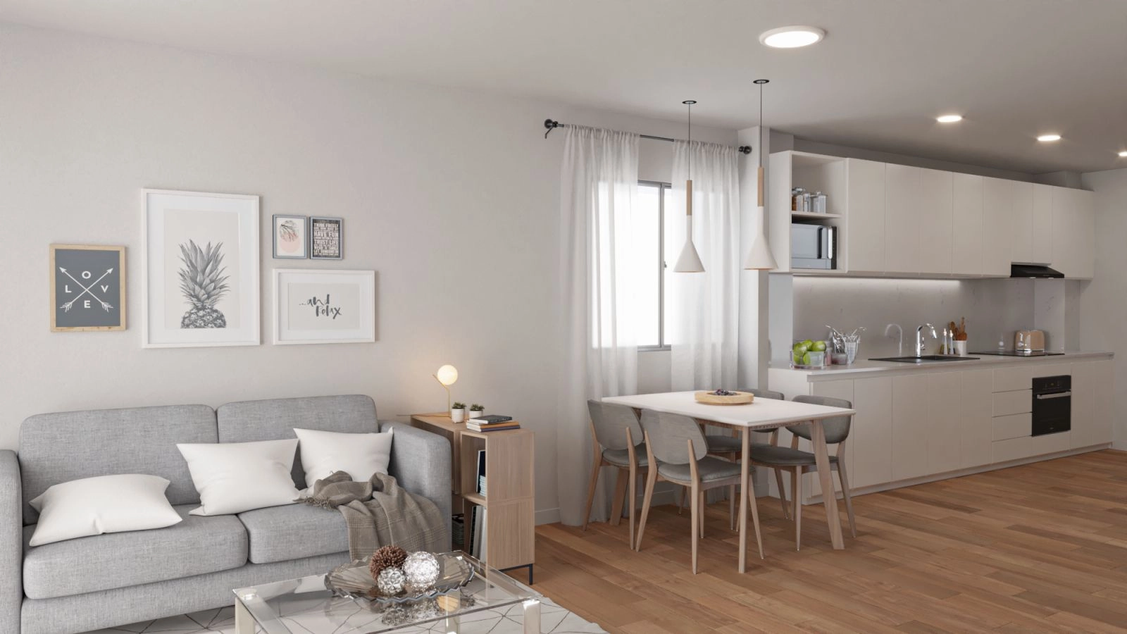 De lichte en ruime woonkamer is ontworpen voor comfort en loopt naadloos over in de moderne keuken.
