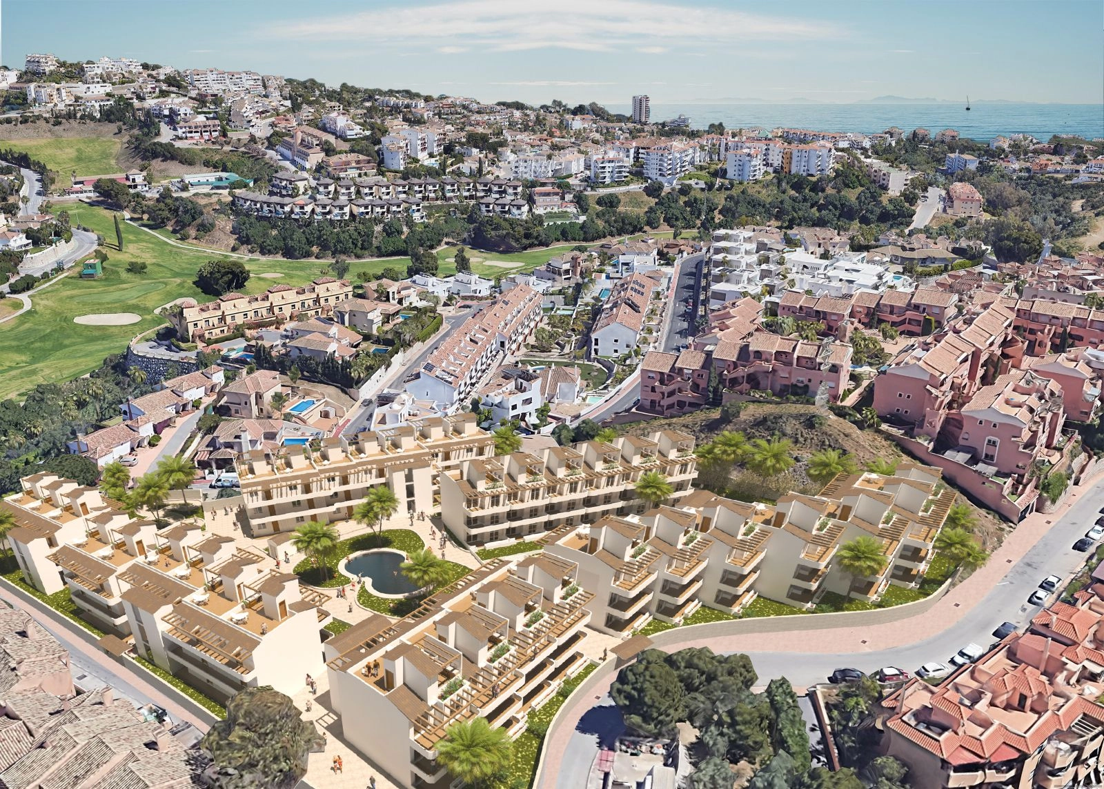 Een luchtfoto die het wooncomplex en de uitstekende locatie nabij de zee aan de Costa del Sol toont.