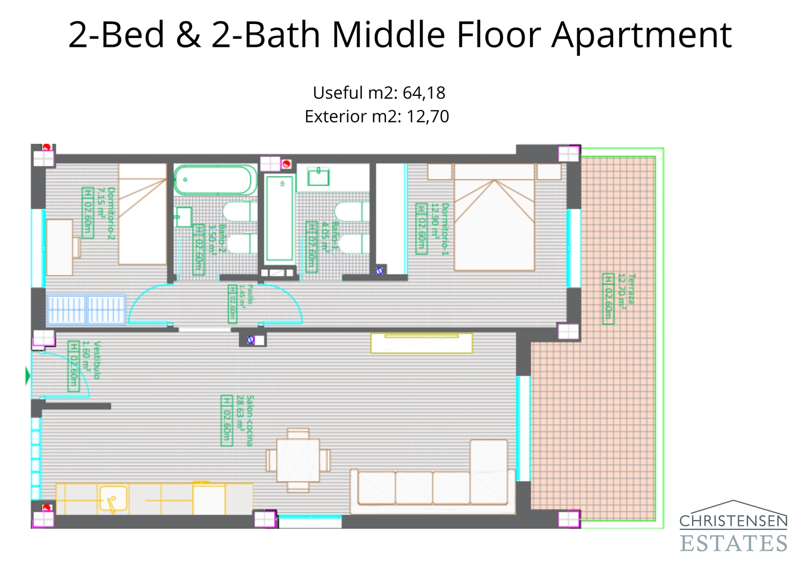 Het appartementenplan op de middelste verdieping biedt een royaal terras, ideaal om te genieten van het aangename klimaat van de Costa del Sol.