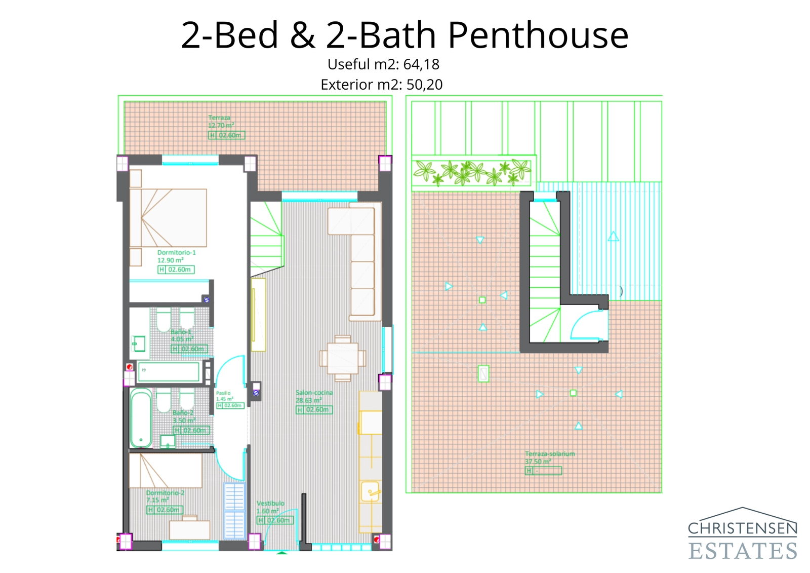 De exclusieve penthouse-indeling met twee slaapkamers omvat een groot dakterras (solarium), wat een privéruimte biedt om te zonnebaden en te entertainen.