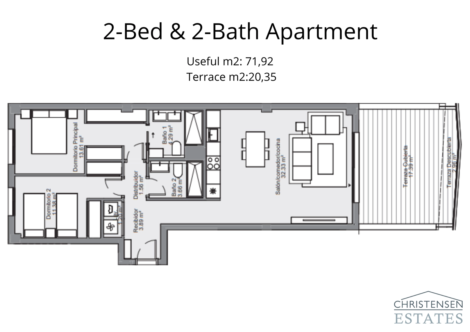 Plattegrond van een appartement met twee slaapkamers, met een open woonruimte en een ruim terras voor binnen-buitenleven.