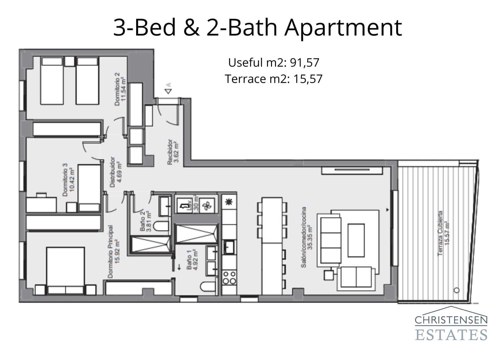 Deze indeling met drie slaapkamers biedt volop ruimte, inclusief een grote hoofdslaapkamer en een gecombineerde keuken en woonkamer die uitkomt op het terras.
