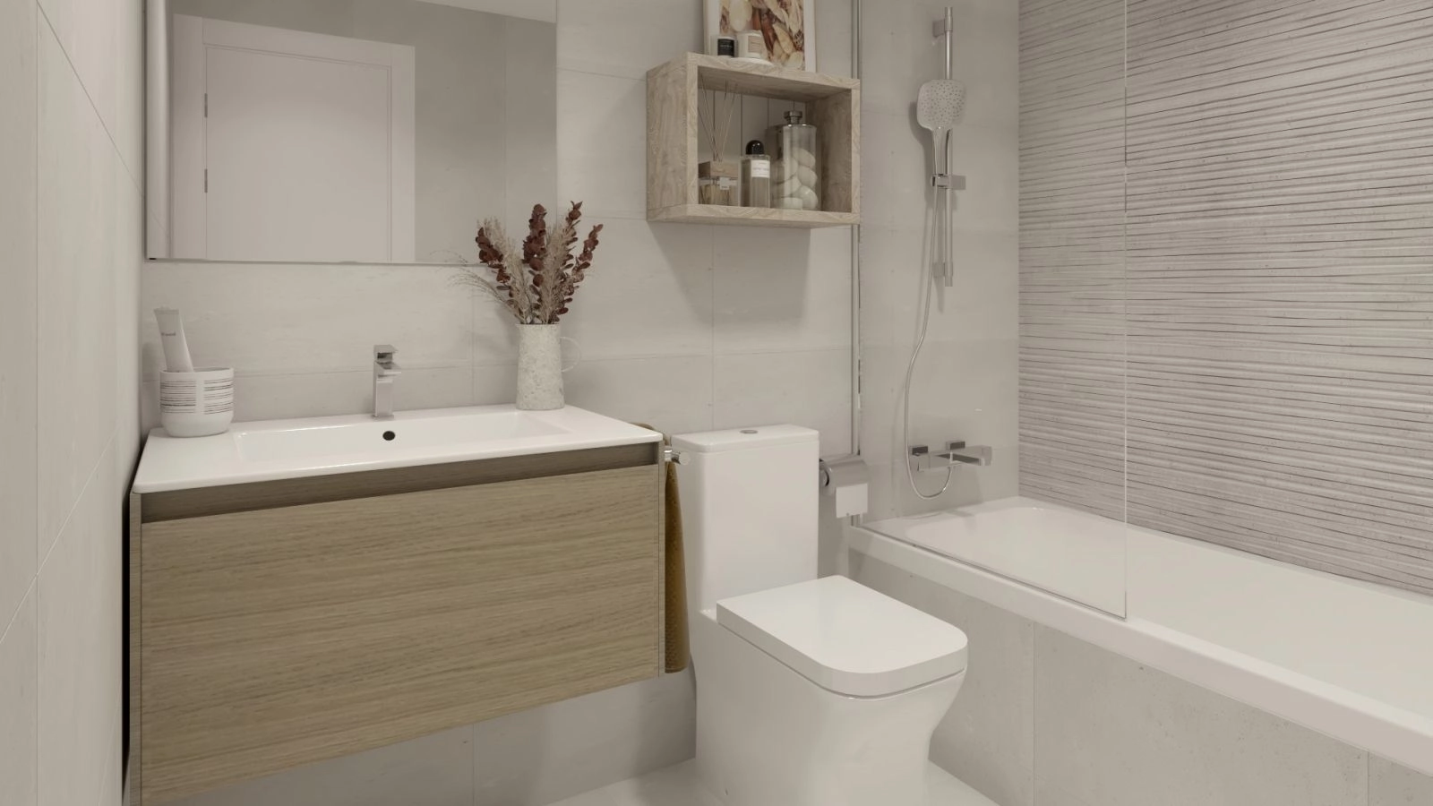 Een tweede badkamer, elegant ingericht met moderne armaturen en hoogwaardige houten details.