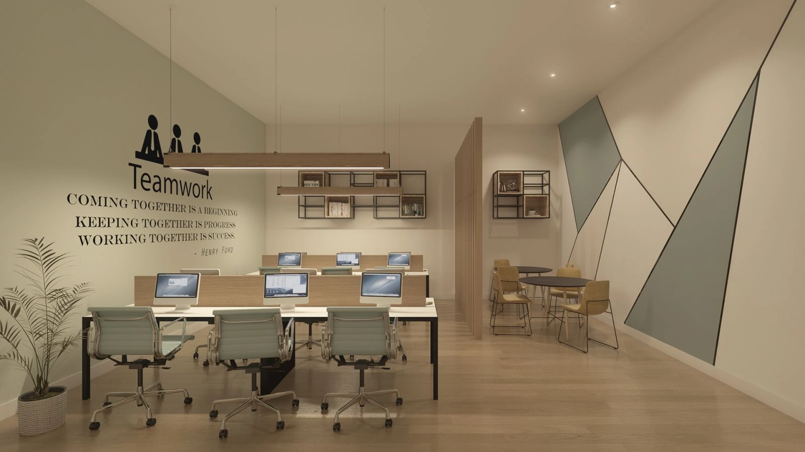 De co-workingruimte biedt een professionele en comfortabele omgeving voor werk of vergaderingen.