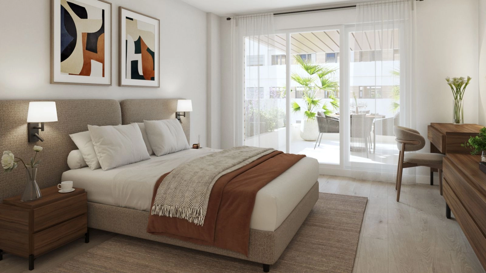 Een serene hoofdslaapkamer met directe toegang tot een privé terras, die comfort binnen combineert met de schoonheid van buiten.