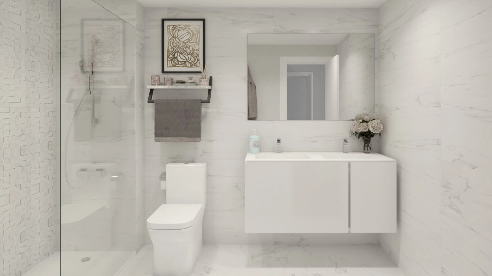 Een stijlvolle en eigentijdse badkamer met hoogwaardige materialen en een strak, minimalistisch design.