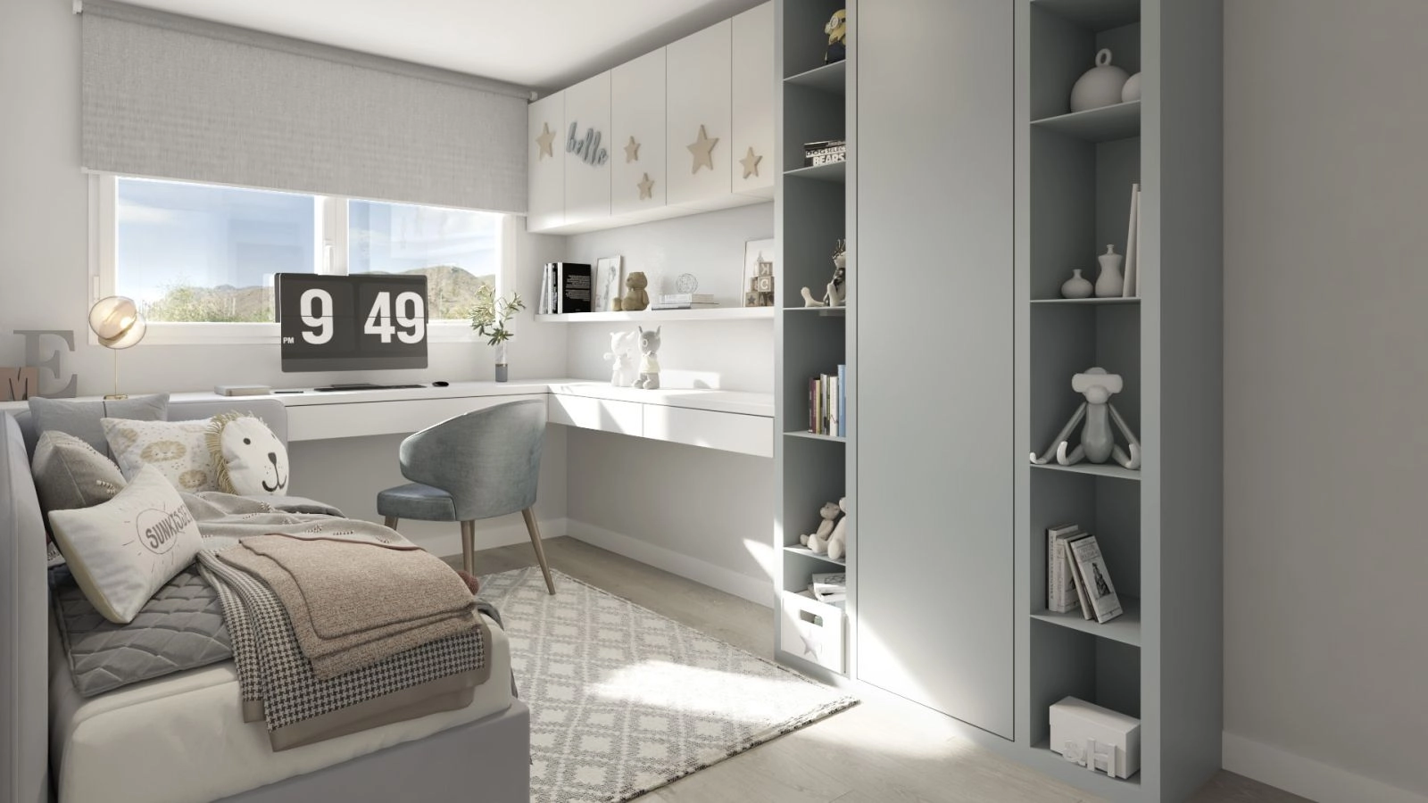 Een comfortabele en goed verlichte kinderslaapkamer, zorgvuldig ontworpen als een rustige plek.