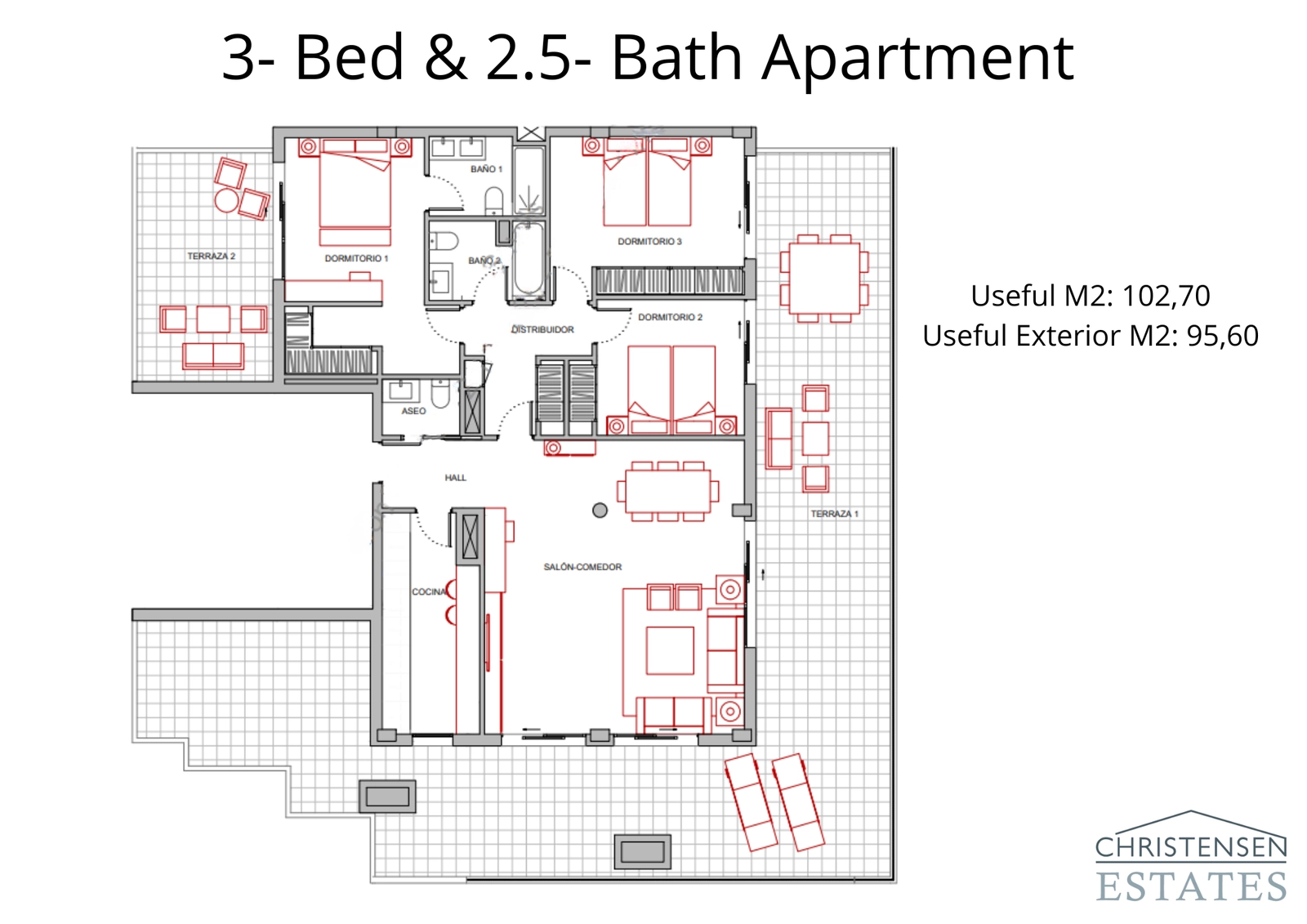 Een royale indeling met drie slaapkamers en veel terrasruimte, die privacy en voldoende ruimte biedt voor het gezinsleven en entertainment.
