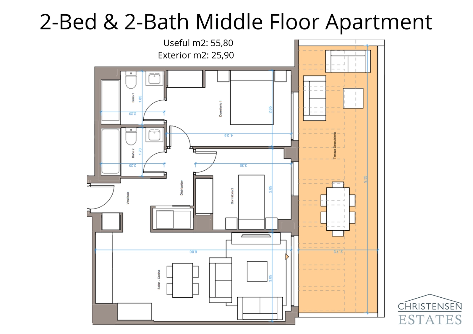 De indeling voor een appartement met twee slaapkamers, met een open woonruimte en een royaal terras.