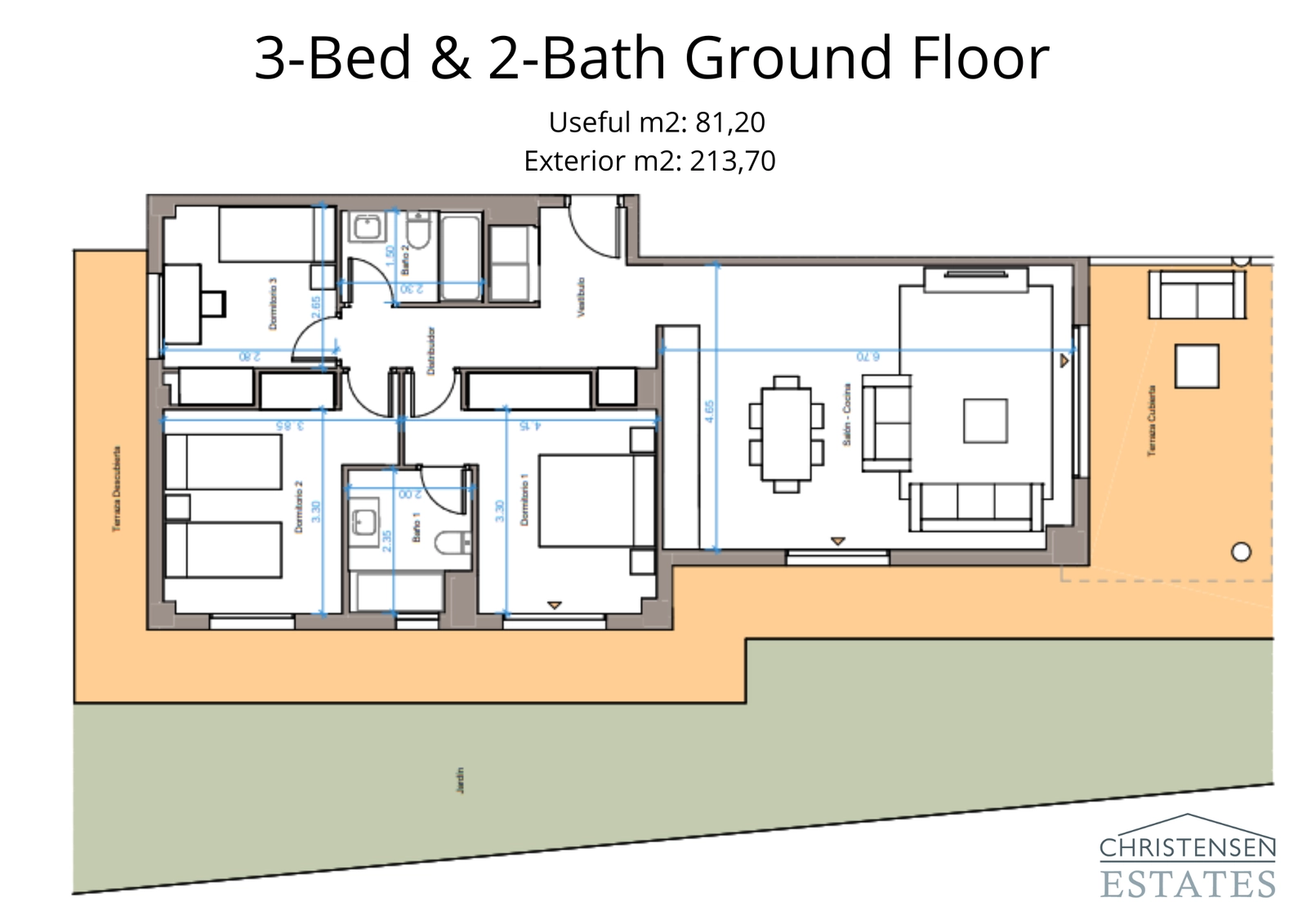 Een ruime indeling op de begane grond met drie slaapkamers, met een uitgebreid terras en een privé tuingedeelte.