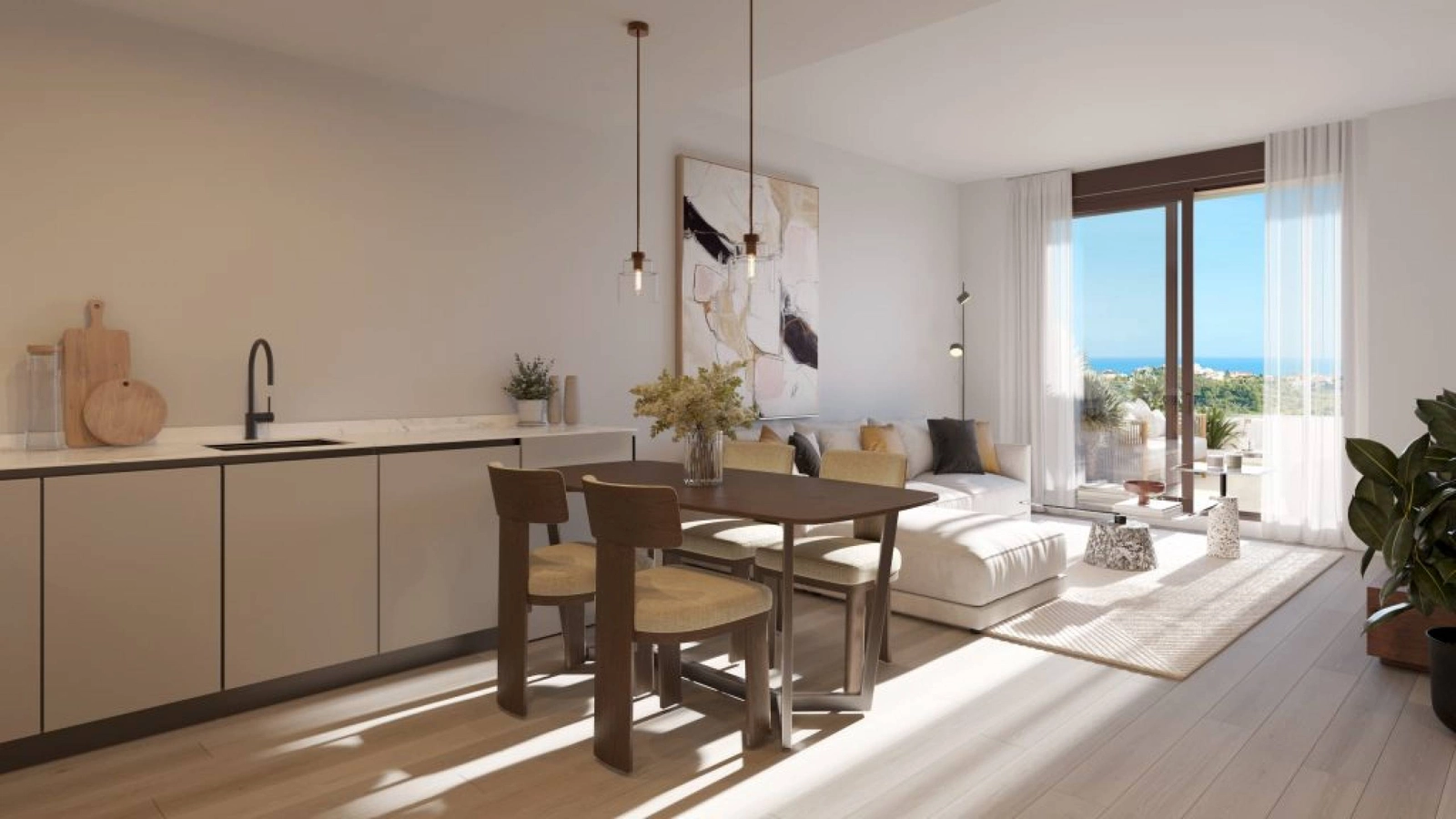 Een open keuken en eethoek, perfect voor het ontvangen van gasten of om te genieten van rustige familiemaaltijden.