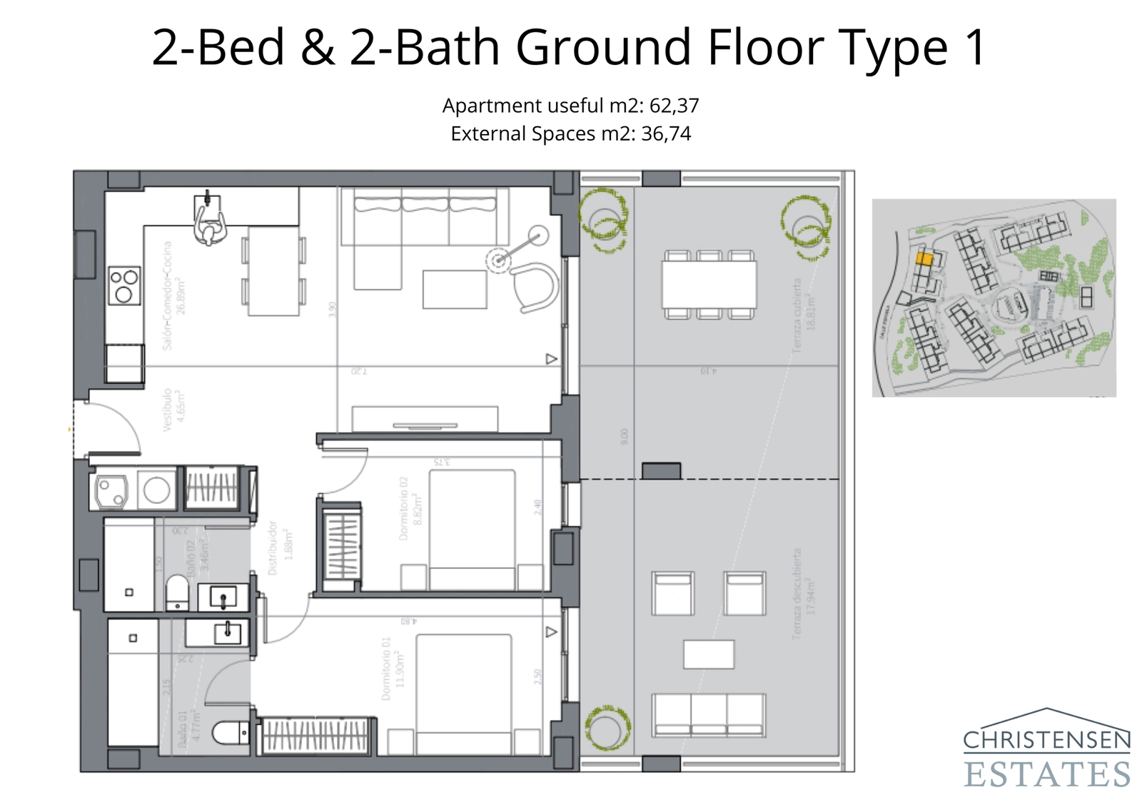 Een goed ontworpen benedenwoning met twee slaapkamers, met een royaal terras dat de leefruimte naar buiten uitbreidt.
