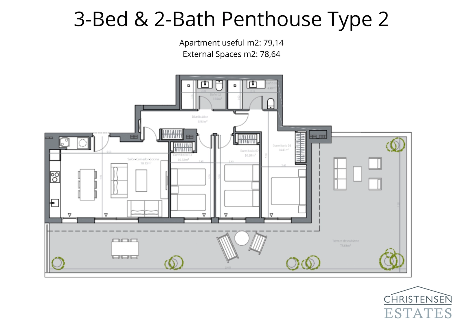 Ruime penthouse-plattegrond met drie slaapkamers, voorzien van een uitgestrekt terras, perfect om buiten te eten en te ontspannen in de zon.