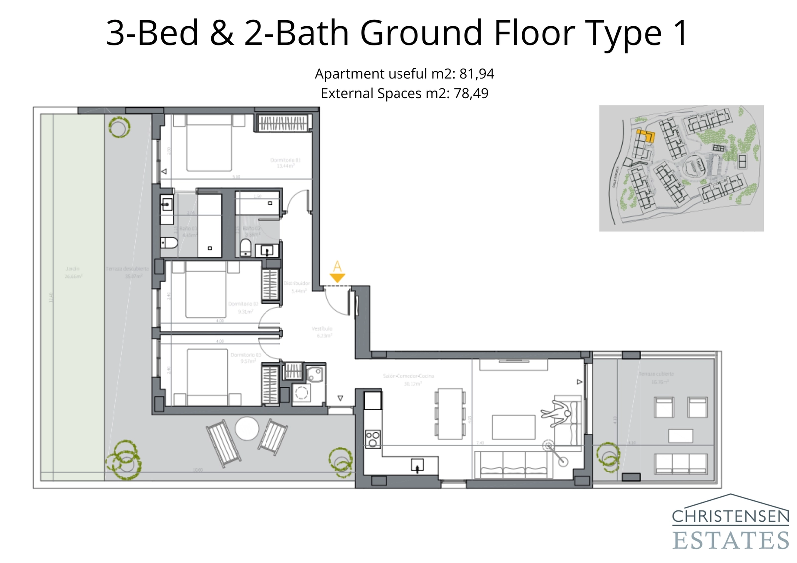 Deze ruime benedenwoning met drie slaapkamers omvat een privétuin en een groot overdekt terras, ideaal voor het gezinsleven.