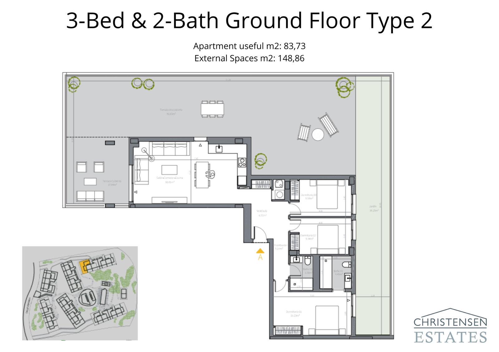 Een uitgestrekt gelijkvloers appartement met drie slaapkamers, met een indrukwekkend omringend terras en tuinoppervlak.