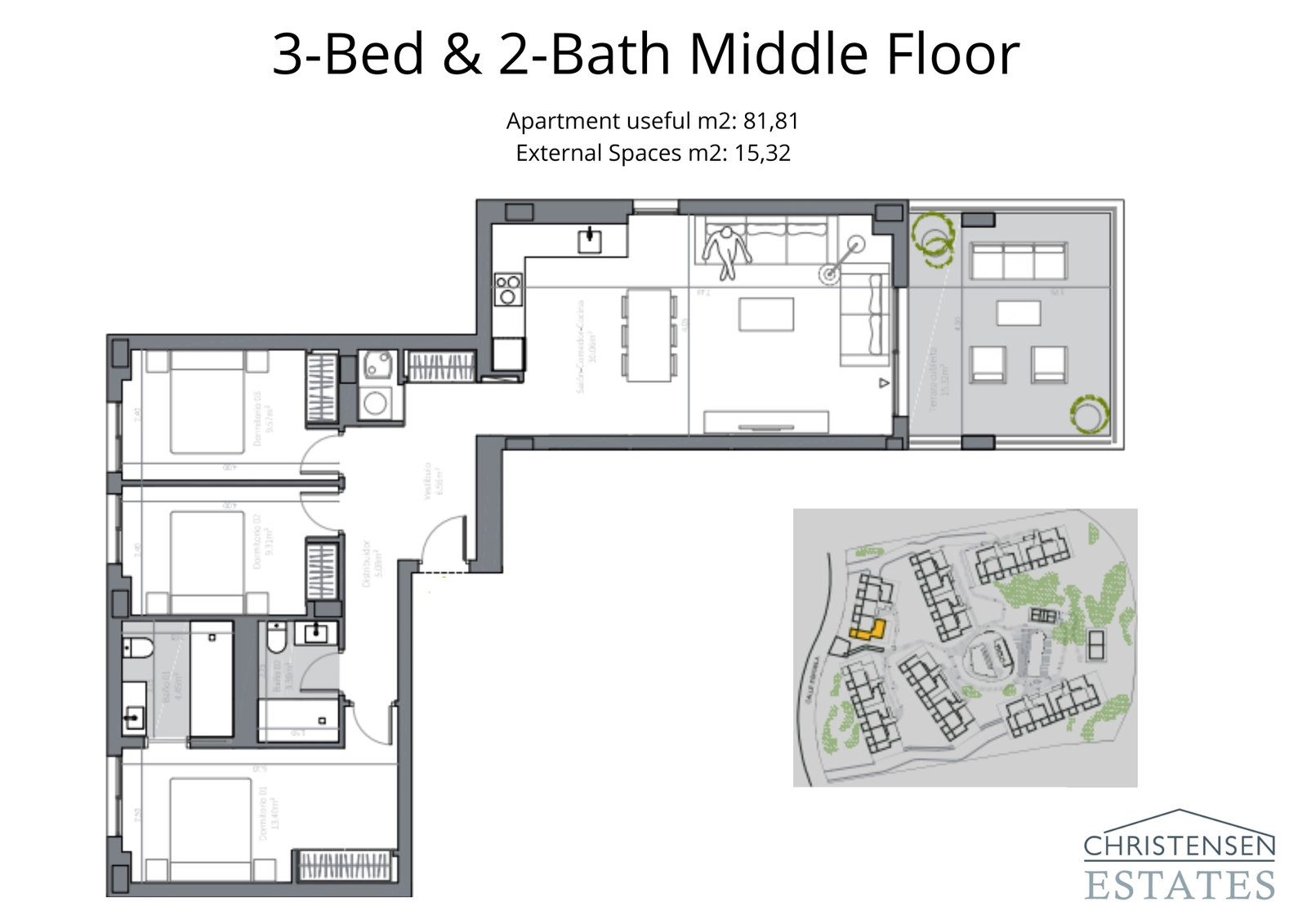 Een residentie met drie slaapkamers op een tussenverdieping met een praktische indeling, waarbij de slaapvertrekken gescheiden zijn van de hoofdwonruimte voor privacy.