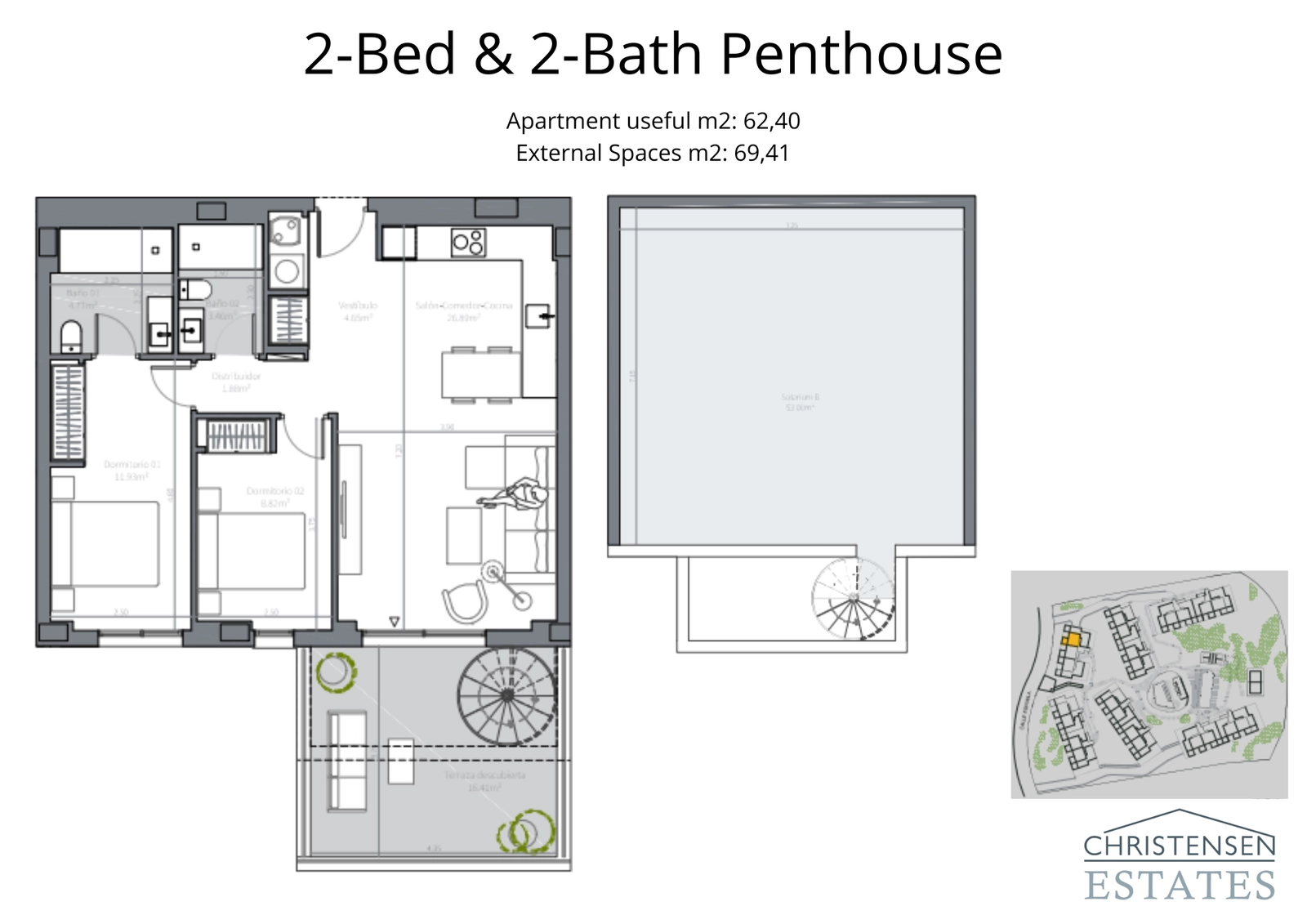 Exclusief penthouse-ontwerp met twee slaapkamers, voorzien van een groot terras en een privéspiraaltrap die leidt naar een prachtig dakterras.