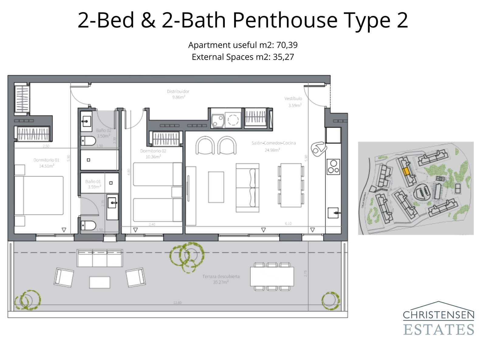 Dit penthouse met twee slaapkamers biedt een ruime open woonkamer die aansluit op een breed terras met prachtig uitzicht.