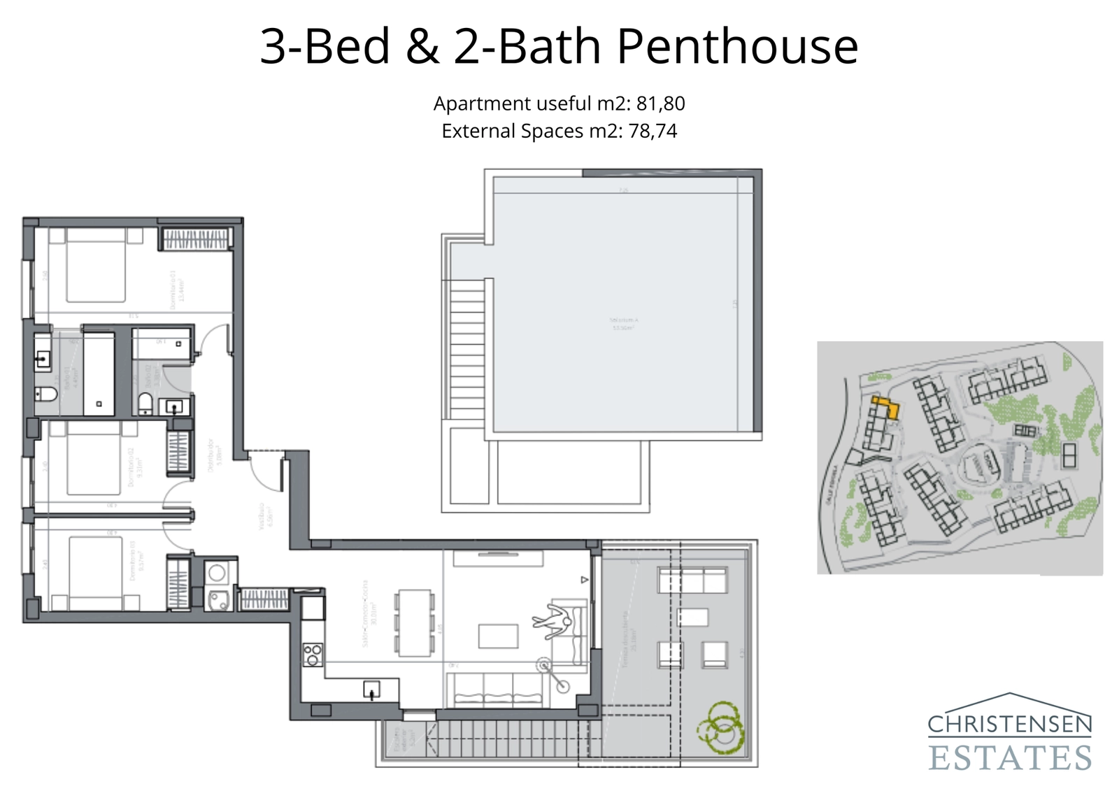 Een luxueuze penthouse-indeling met drie slaapkamers, een royaal terras en een enorm privé-dakterras voor ultiem buitenleven.