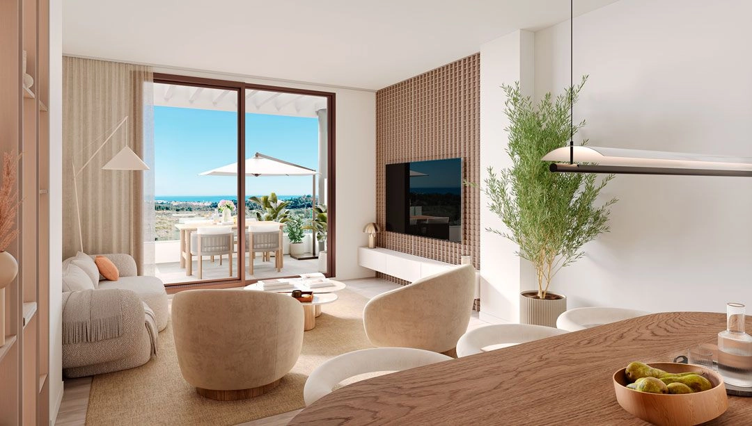 Naadloos binnen-buitenleven, waarbij het elegante interieur overgaat in een zonnig terras met prachtig uitzicht.