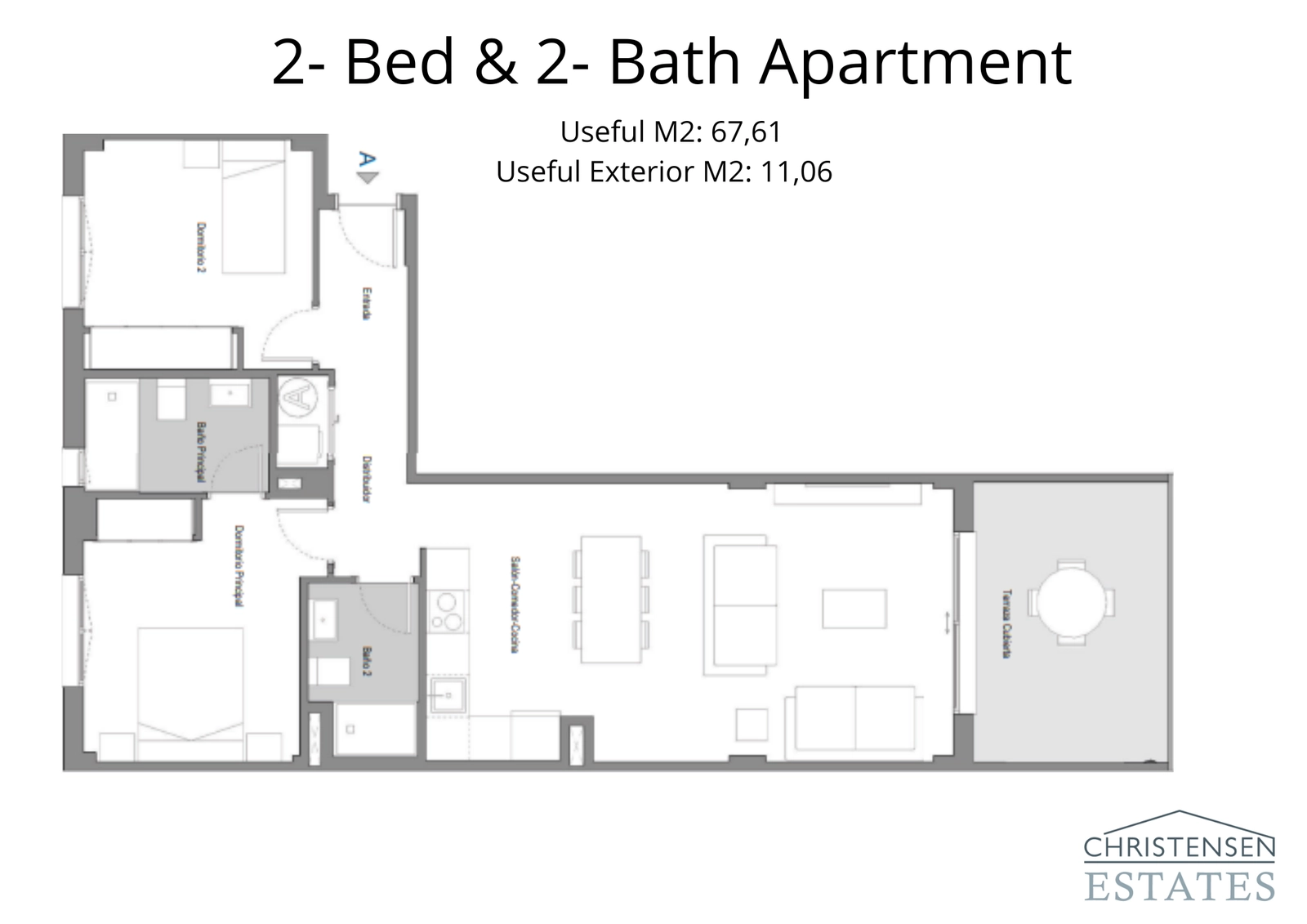 De indeling van de woning met twee slaapkamers, ontworpen voor modern wonen met een open keuken en een ruim terras.