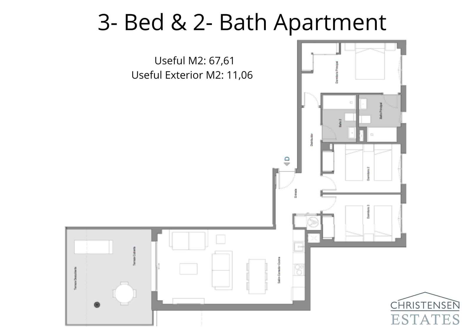 Deze plattegrond toont het appartement met drie slaapkamers, dat royale ruimte biedt voor gezinnen en een groot privéterras.