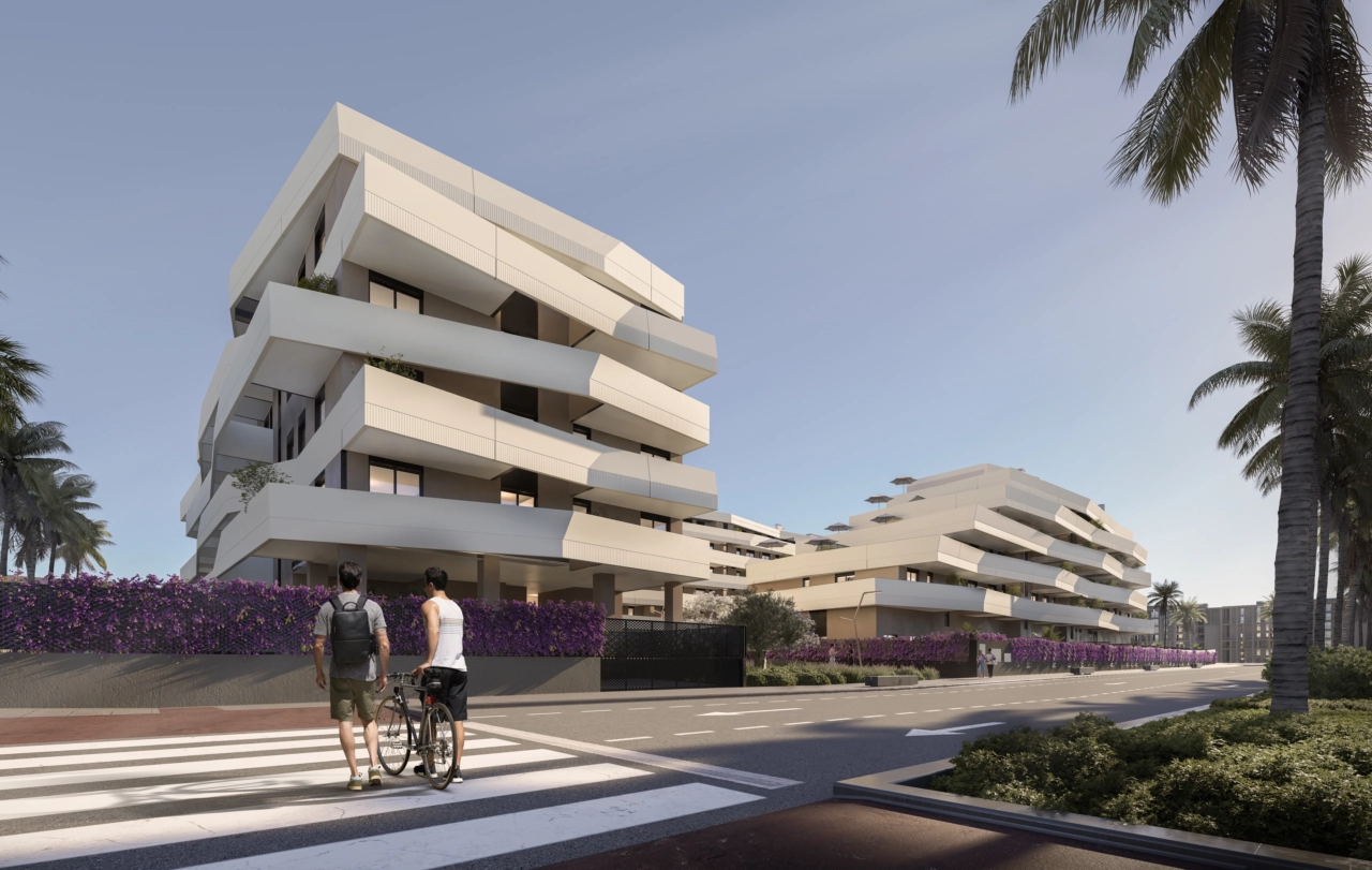 De opvallende moderne architectuur van het project valt op in de levendige, nieuwe Bulevar van Malaga.