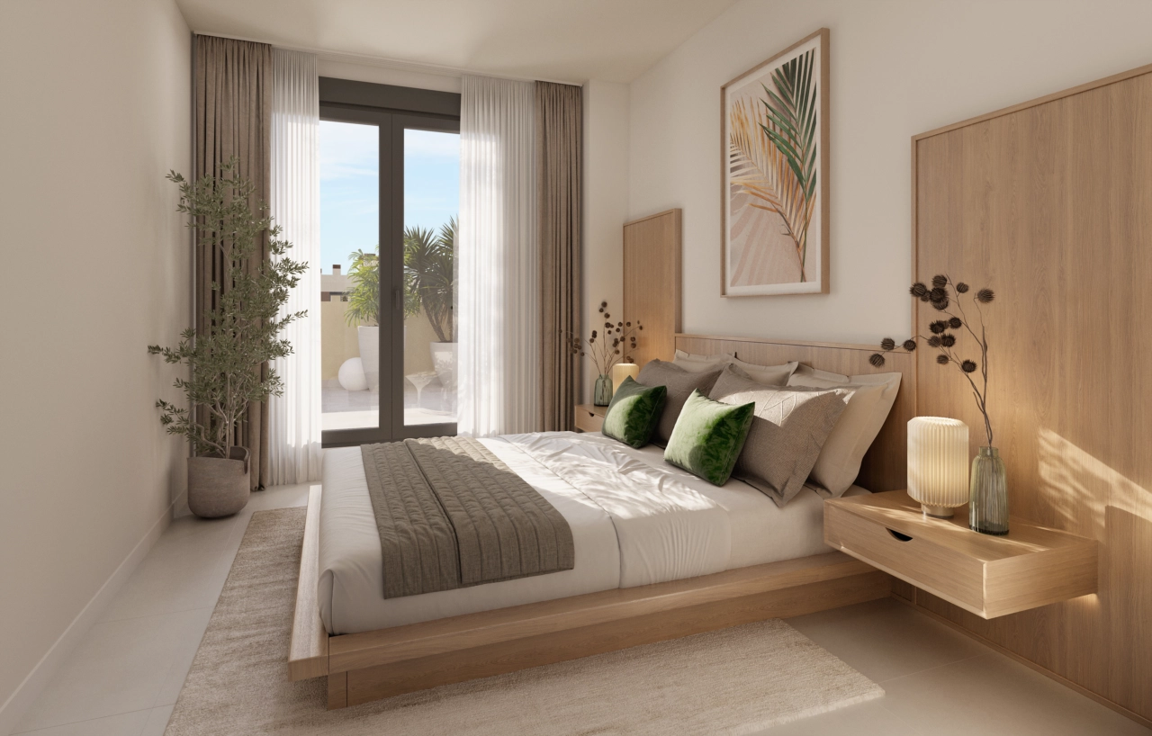 De hoofdslaapkamer is een rustig toevluchtsoord en biedt comfort, stijl en directe toegang tot een privéterras.