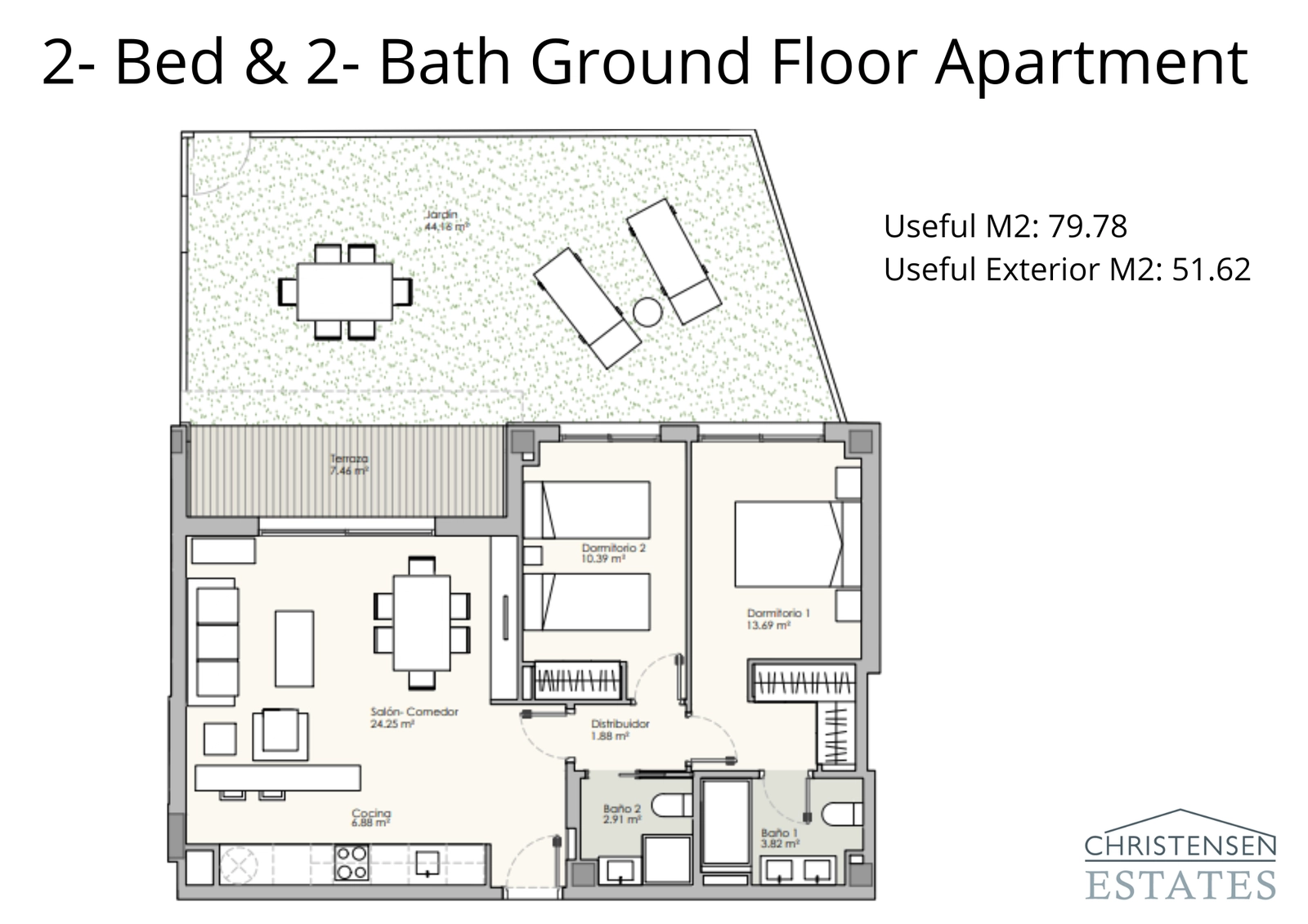 Indeling begane grond met twee slaapkamers, voorzien van een privétuin en terras voor naadloos binnen-buitenleven.